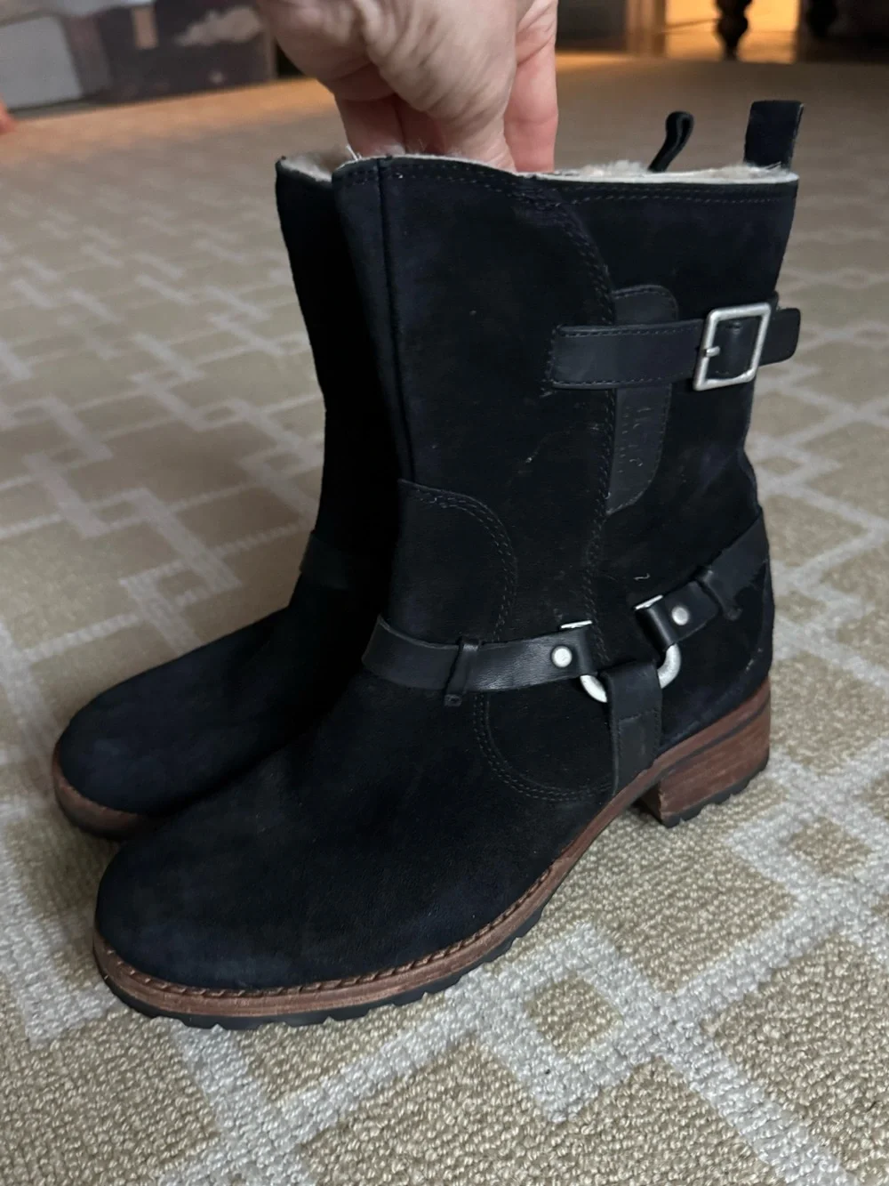 UGG Endell Suede Shearling Moto Biker Harness Boots Black Size 8